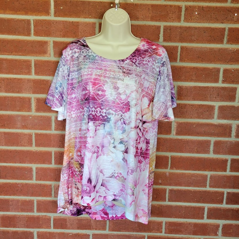 Concepts XL Pink Purple Floral Geometric Print Short Sleeve Top #292